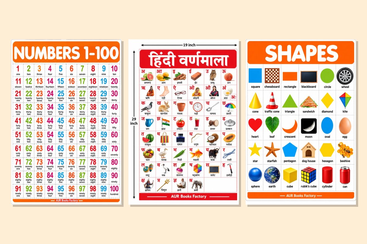 Numbers, Hindi Varnmala & Shapes Wall Charts Combo (Set of 3)