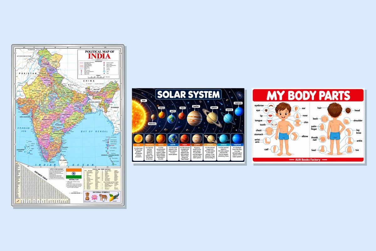 School Project Wall Charts Combo: India Map, Solar System and Body Parts