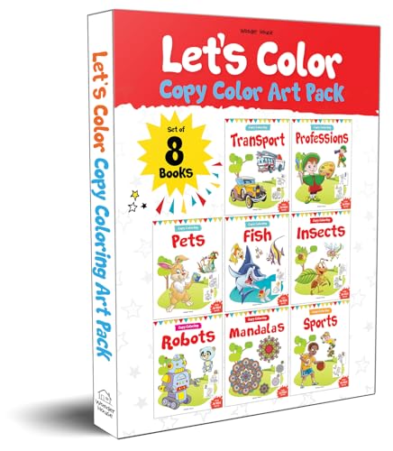 Let's Colour Copy Colouring Boxset : Pack of 8 Books (Transport, Professions, Pets, Fish, Insects, Robots, Mandalas and Sports)